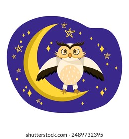 Cute owl sitting on crescent moon spreading wings at night under the stars