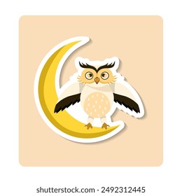 Cute owl sitting on crescent moon spreading wings at night under the stars