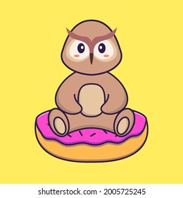 Cute owl is sitting on donuts. Animal cartoon concept isolated. Can used for t-shirt, greeting card, invitation card or mascot.