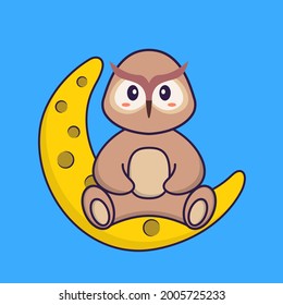 Cute owl is sitting on the moon. Animal cartoon concept isolated. Can used for t-shirt, greeting card, invitation card or mascot.