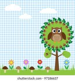 Cute owl sitting on oak