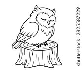 Cute Owl Sitting on Tree Stump Cartoon Illustration