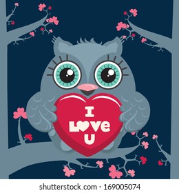 Cute owl sitting on the tree branch and holding a big heart in wings. Valentine's day postcard. I love you, words lettering. Vector illustration. 