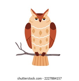 Búho lindo sentado en la rama del árbol. El divertido pájaro silvestre de plumas en la rama, alas dobladas. Padres cuernos realistas. Sabio carácter animal inteligente. Ilustración vectorial plana aislada en fondo blanco