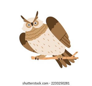 Cute owl sitting on tree branch. Funny feathered bird looking with curious bulging eyes. Adorable amusing night Uhu birdie on twig. Flat vector illustration isolated on white background