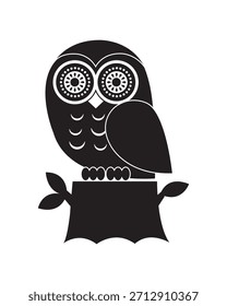 Coruja Bonita Sentada Em Um Ramo De Árvore. Preto e branco. Ilustração de vetor desenhada à mão. Modelo de design de cartão de mensagem. Conceito de decoração