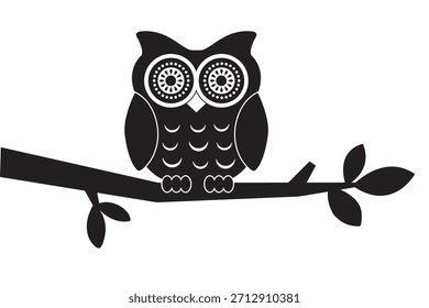 Coruja Bonita Sentada Em Um Ramo De Árvore. Preto e branco. Ilustração de vetor desenhada à mão. Modelo de design de cartão de mensagem. Conceito de decoração