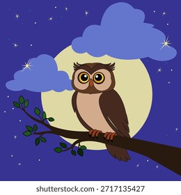 Cute owl sitting on a tree branch at night with moon, stars and clouds, flat vector illustration.