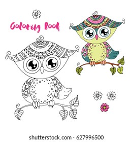 Cute owl sitting on tree branch on white background. Funny vector illustration of bird in cartoon style, linear drawing. Black and white, colorful images, be used for coloring book.