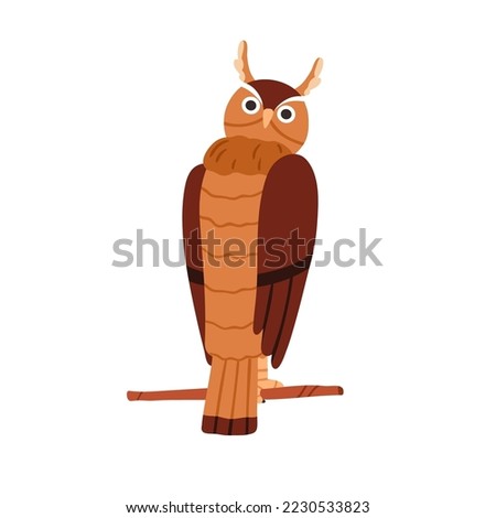 Cute owl sitting on tree branch, twig. Funny bird, feathered animal back with rotated head. Realistic eared birdie looking with bulging eyes. Flat vector illustration isolated on white background