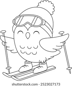 Cute owl is skiing outline coloring page. Christmas and Winter Illustration 