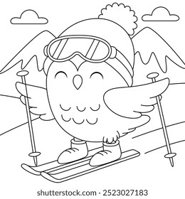 Cute owl is skiing outline coloring page. Christmas and Winter Illustration 