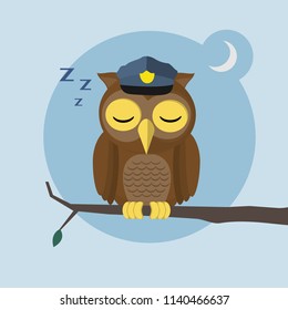 Cute owl sleep on a tree branch flat character style