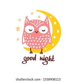 Cute Owl Sleeping Moon In The Sky. Good Night Card With Owl, Vector Illustration.