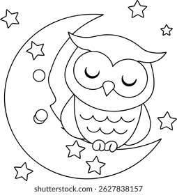 Cute owl sleeping on moon with stars line art illustration