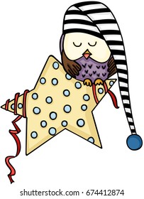 Cute owl sleeping on star

