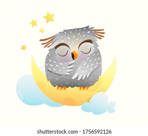 Cute owl sleeping sitting on the moon and night starry sky, baby bird sweet and sleepy dreaming. Watercolor style vector cartoon illustration for kids room decoration or nursery art.