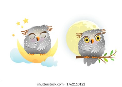 Cute owl sleeping sitting on the moon and night starry sky. And baby owl watching full moon sitting on tree. Watercolor style vector cartoon illustration for kids room decoration or nursery art.