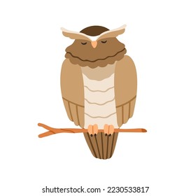 Búho lindo durmiendo, sentado en una rama. Pájaro nocturno de plumas dormido en la rama del árbol. Adorable dormido pájaro relajante, ahogándose. Owlet soñando. Ilustración vectorial plana aislada en fondo blanco