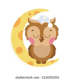 A cute owl sleeps on the moon in a pajama cap. Beautiful vector cartoon illustration isolated on white background.