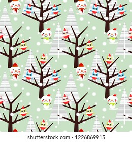 Cute owl and snowman in Christmas season seamless pattern.