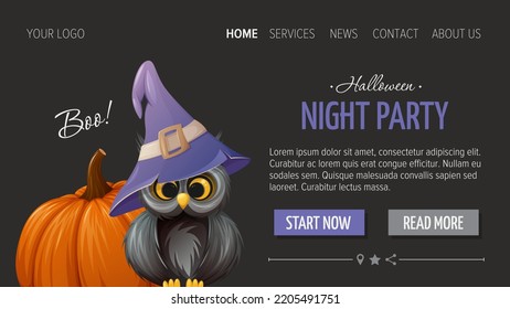 Cute owl in a sorcery hat and pumpkin. Night party. Halloween horizontal template for website, dark background. Vector illustration. For banner, store, sale