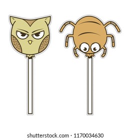 Cute owl and spider candy cartoon candy halloween. Vector design for sticker or patch