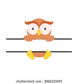 Cute owl split monogram. Funny cartoon character for shirt, scrapbooking, print, greeting cards, baby shower, invitation, home decor. Bright colored childish stock vector illustration.