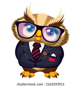 Cute owl in square dark glasses, tie and dark suit. Cartoon vector illustration isolated on white background.