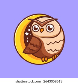 Coruja Bonita De Pé Na Lua Logo Desenho Animado Ícone Ilustração. Animal Nature Icon Concept Vetor Premium Isolado. Estilo de Desenho Animado Plano