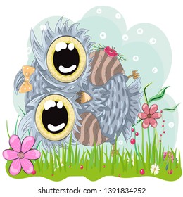 Cute owl stands on one leg
