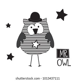 cute owl with stars vector illustration