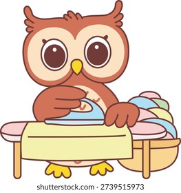 Cute Owl sticker icon. Funny Owl ironing the clothes