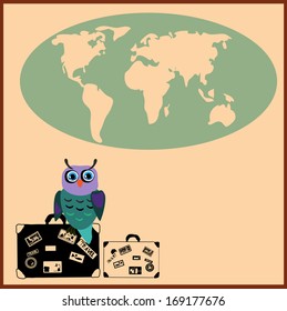 Cute Owl with suitcases in cartoon stile, vector illustration to the concept of tourism. Globe siluet in the background.