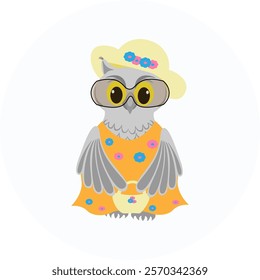 Cute owl in a sundress, hat, glasses and with a handbag in summer on vacation