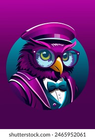 Cute owl in the sunglasses in the blue gradient circle