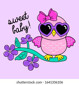 CUTE OWL WITH SUNGLASSES AND FLOWERS, SLOGAN PRINT VECTOR