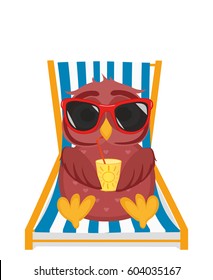 Cute owl in sunglasses on vacation lying and relaxing on a sun lounger. Owlet drinking cocktail. Postcard to the feast. Free space for your ad or text. Vector illustration.