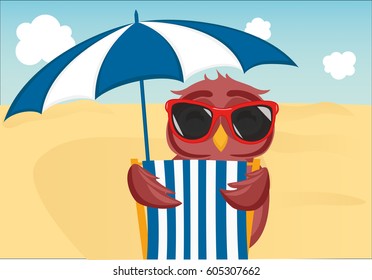 Cute owl with sunglasses on vacation lying down on the beach by the sea and relaxing on a deck chair under an umbrella. Owlet. Postcard on holiday.  Free space for your ad or text. Vector illustration