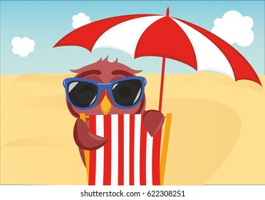 Cute owl with sunglasses on vacation lying down on the beach by the sea and relaxing on a deck chair under an umbrella. Owlet. Postcard on holiday.  Free space for your ad or text. Vector 