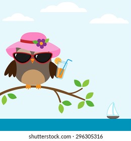 Cute owl with sunglasses sitting on the tree near the sea