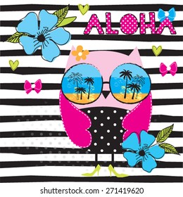 cute owl with sunglasses, T-shirt design, hawaii flowers on striped background vector illustration