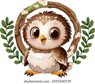 Cute owl surrounded by flowers and leaves