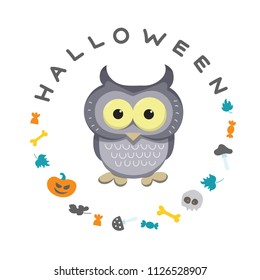 Cute owl surrounded by a wreath. The wreath is made up of elements on the theme of Halloween and the greeting inscription.