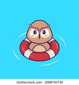 Cute owl is Swimming with a buoy. Animal cartoon concept isolated. Can used for t-shirt, greeting card, invitation card or mascot.