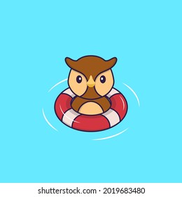 Cute owl is Swimming with a buoy. Animal cartoon concept isolated. Can used for t-shirt, greeting card, invitation card or mascot.