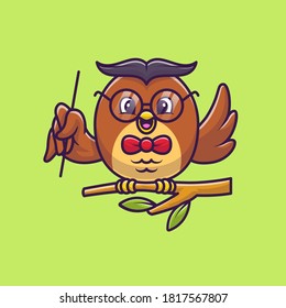 Cute Owl Teaching With Pointer On Tree Cartoon Vector Icon Illustration. Animal Education Icon Concept Isolated Premium Vector. Flat Cartoon Style