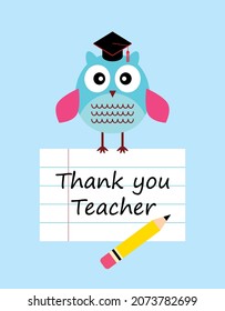 Cute Owl Thank You Teacher Gift Card Vector