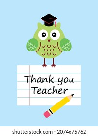 cute owl thank you teacher gift card vector