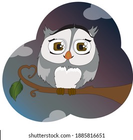 A cute owl that sits on a branch of a tree. It is getting dark and some clouds can be seen. The branch on which the owl is sitting still has one leaf and a shaped heart.